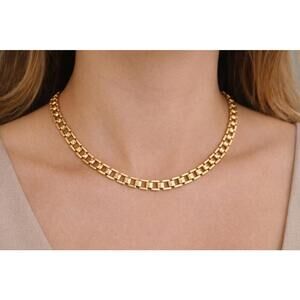 Vintage Signed Monet Square Link Gold Tone Necklace